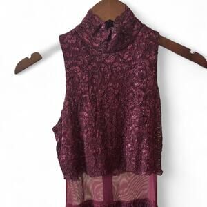 True vintage burgundy sleeveless lace and micro mesh maxi dress- size 3/4 women